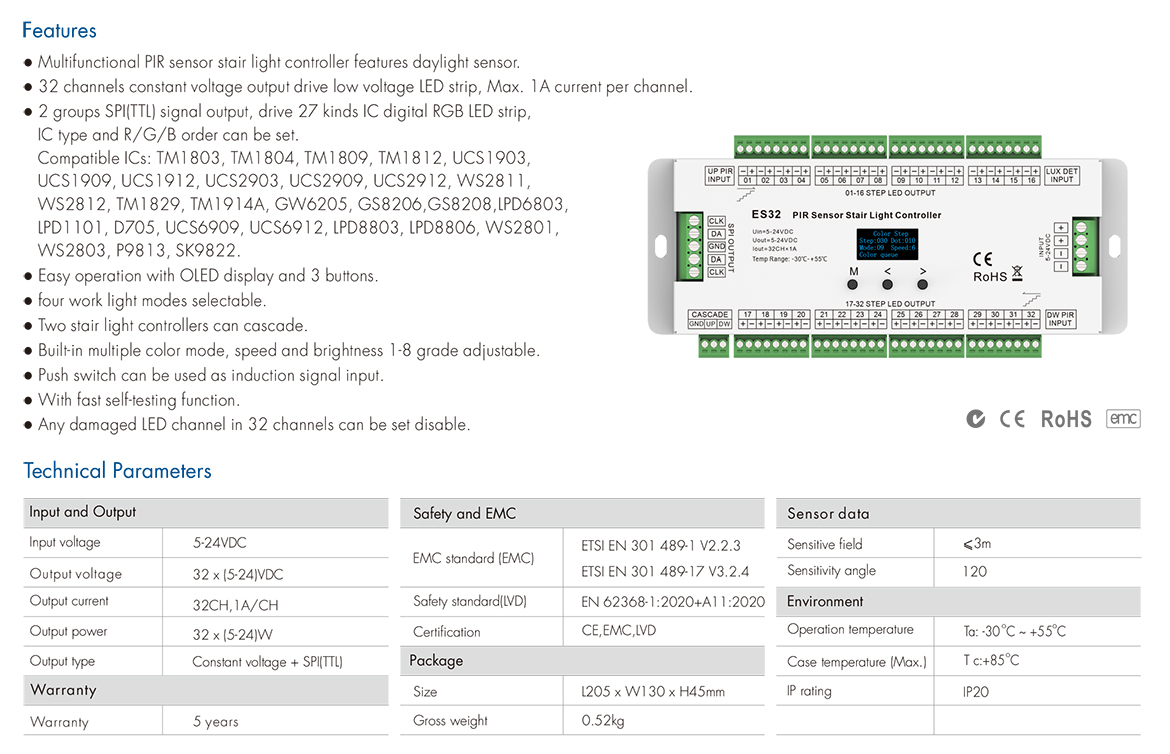 Pir sensor stair light controller es32